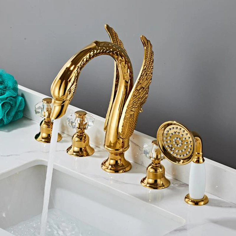 Gold Bathroom Swan Bath Mixer Tap with Hand Shower 5 Holes Deck Mounted Bathtub Faucet