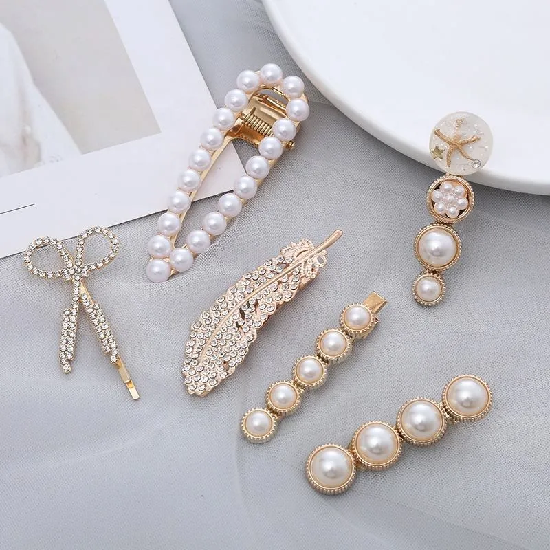 Fashion Multi Glitter Luxury Rhinestone Flower Hair Clips Women Gold Barrettes Clips Pearls Clip Hair Set