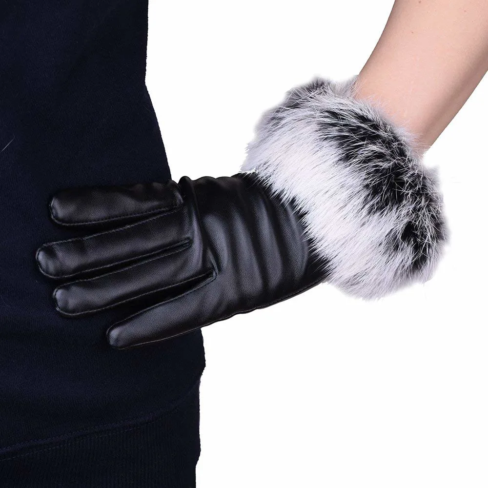 Wholesale/Supplier Custom PU Leather Touchscreen Windproof Waterproof Women Rabbit Fur Gloves