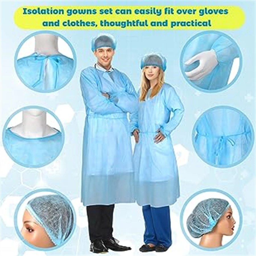 Disposable Isolation Gown Lab Gown with Knit Cuff Long Sleeve Fluid Resistant Blue White