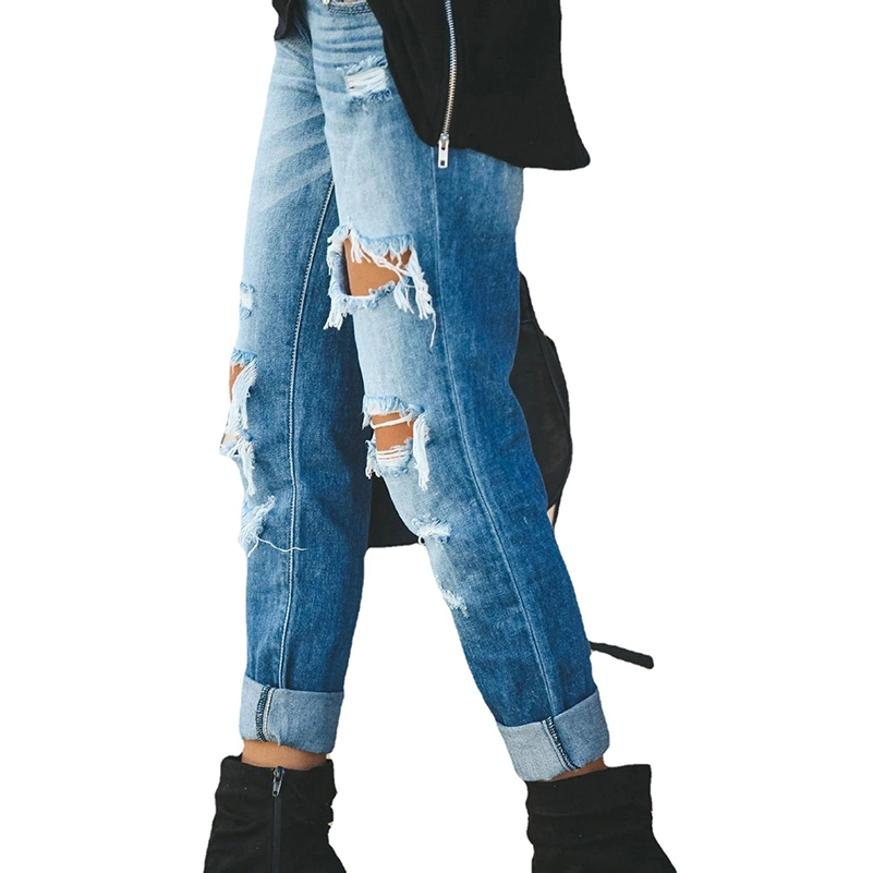 Raw Edge Ripped Slim Fit Casual Straight Jeans Ninth Pants