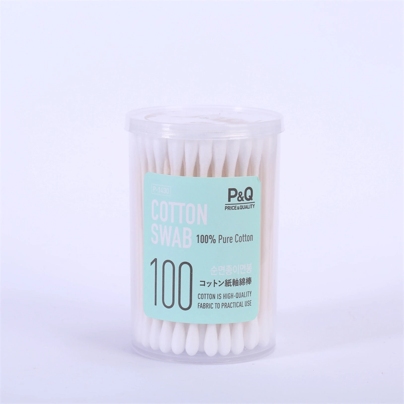 China fábrica de papel sanitario hisopos de algodón en el recipiente de plástico