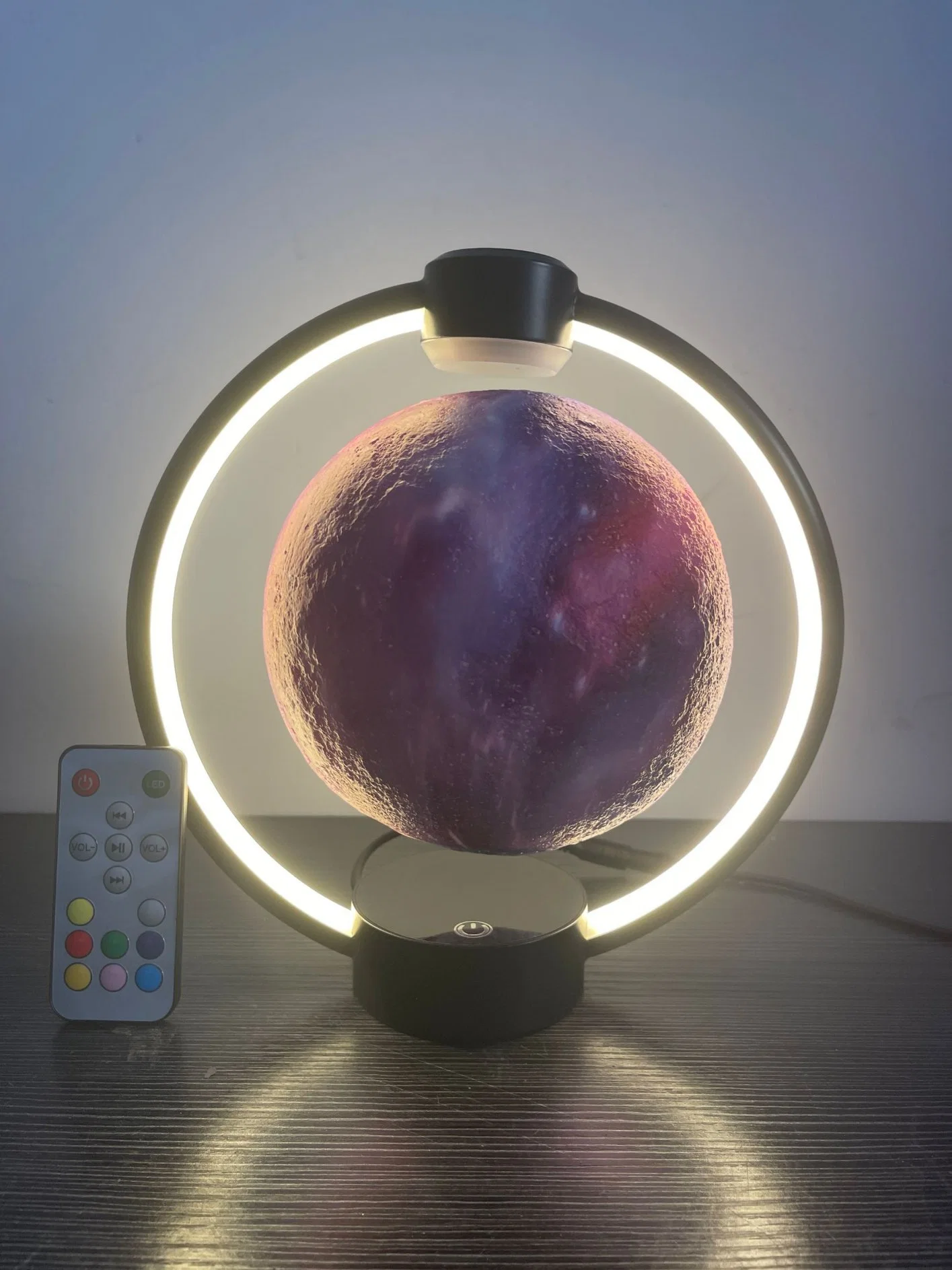 New Metal Frame Round Colorful LED Change Magnetic Levitation Rotating Night Light, Floating 15cm Star Moon Lamp Light with Remote Controller