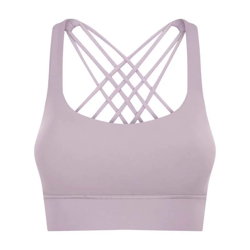 Nylon Spandex Cotton Blend Fitness Sports Underwear Ladies High Strength Hem Widened Cross Back Shockproof Gathering Women Yoga Sports Bra