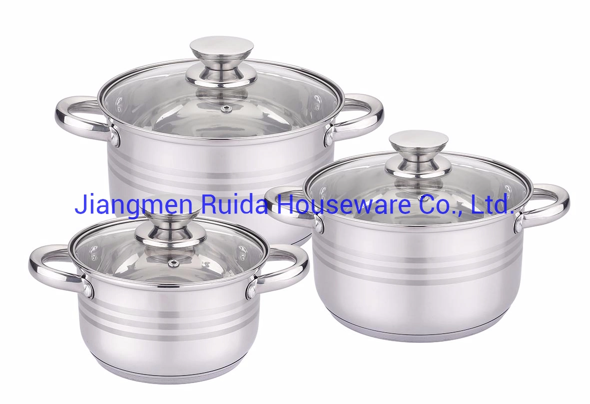 6PCS Stainless Steel Cookware Set with Three Satin Belt on Outerior of The Pots for All Types of Plates and Can Be Washed in The Dishwasher