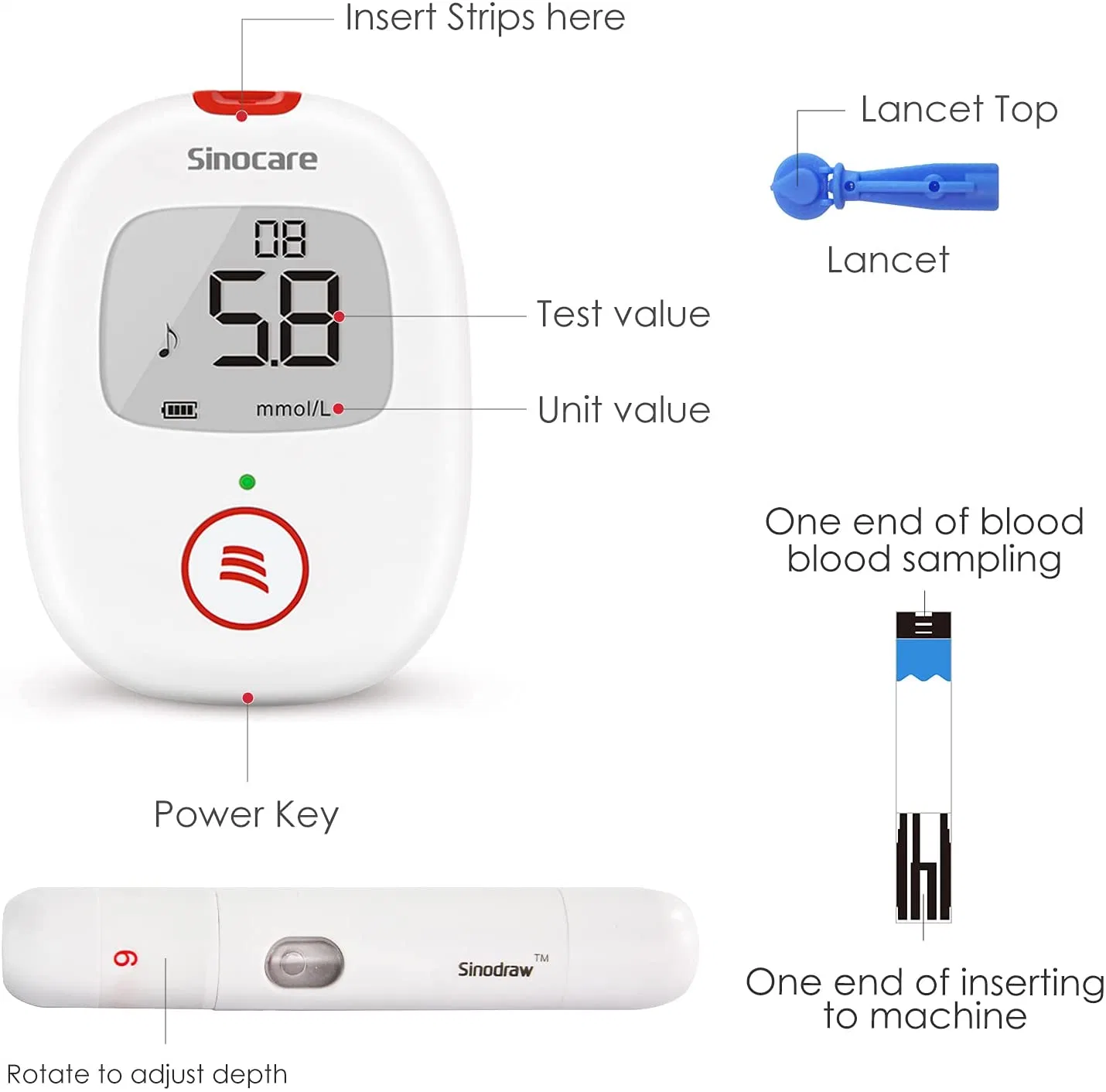 Sinocare Home Care Clinical Blood Test Machine Rapid Quick 5sec 0.5UL Blood Accurate Check Glucometer with Strip