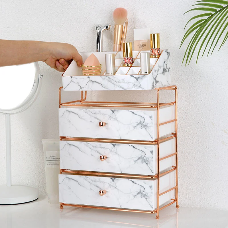 Luxury PS Dresser Marble Cosmetic Make up Drawers Collection Case 4tiers Plastic Makeup Storage Organizer