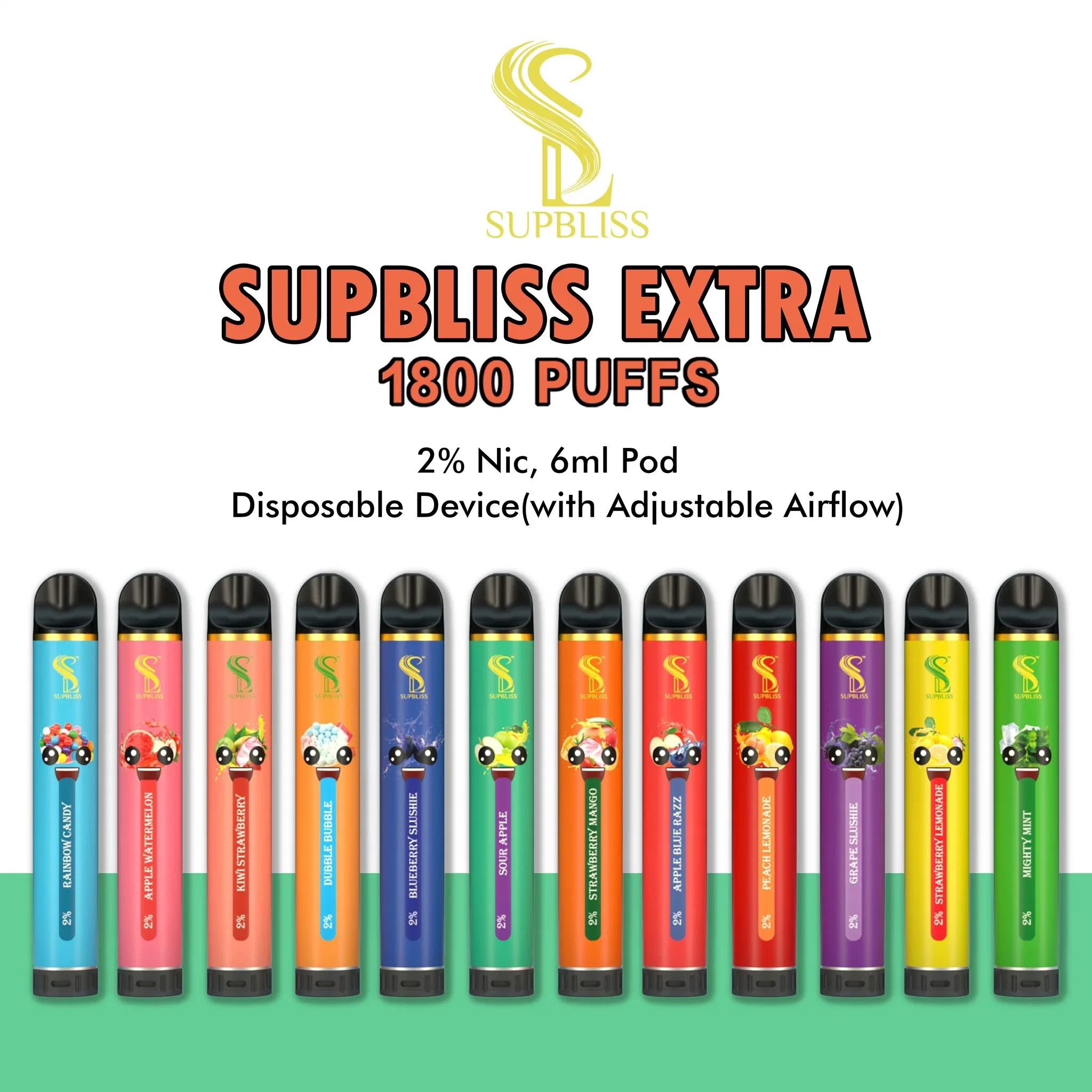 Prix Wholesell Vape jetable de 2 % de la nicotine Supbliss Extra 1800 bouffées de cigarette électronique