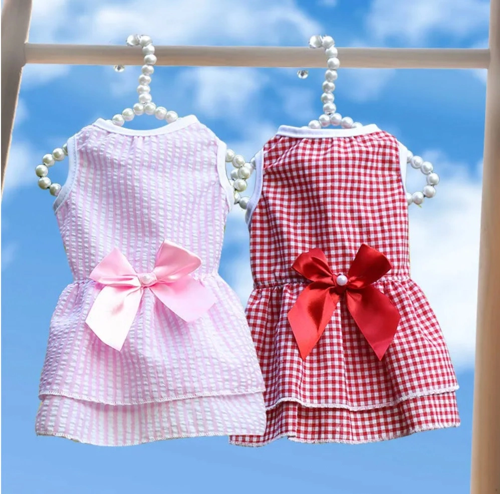 New Lattice Bowknot Dog Clothes Dog Summer Dresses Dog Party Dress