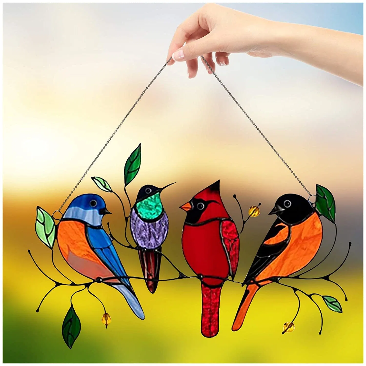 Multicolor Birds on a Wire High Stained Glass Suncatcher Window Panel, Stain Glass Window Hanging, Bird Series Ornaments Pendant Home Decoration Birds Decor