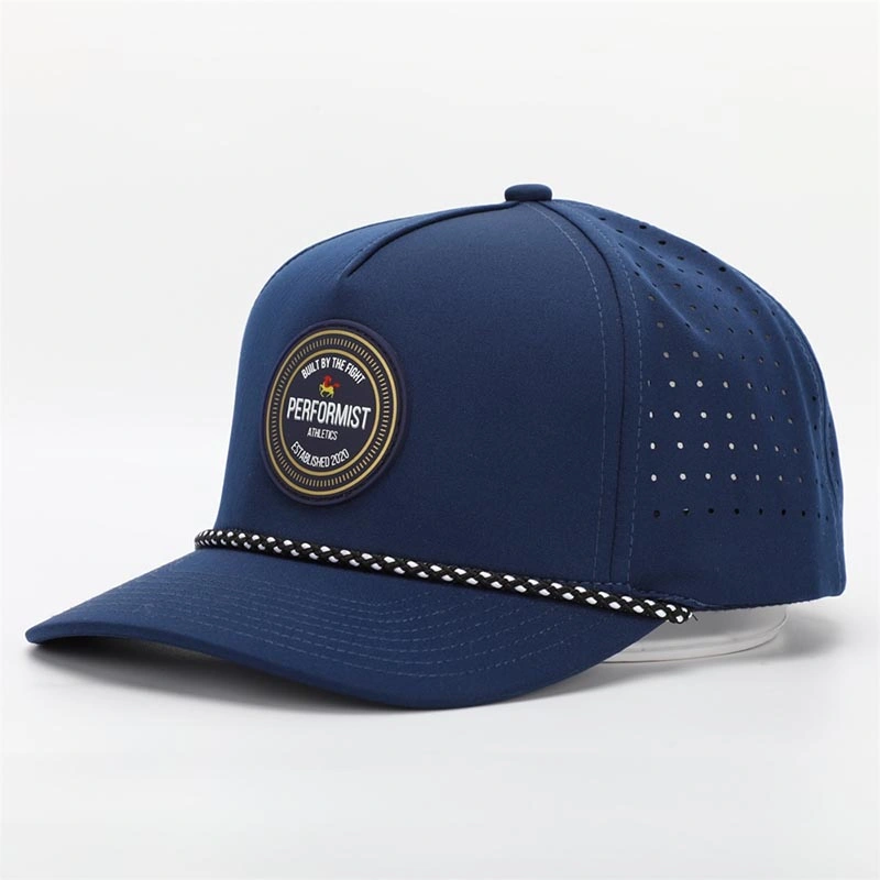 Mode Custom Sport 5 Panel Gummi PVC Logo Seil Baseball Cap, Wasserdicht Laser geschnitten gebohrt Loch perforiert hat, gebogene Krempe Navy Blue Dad hat