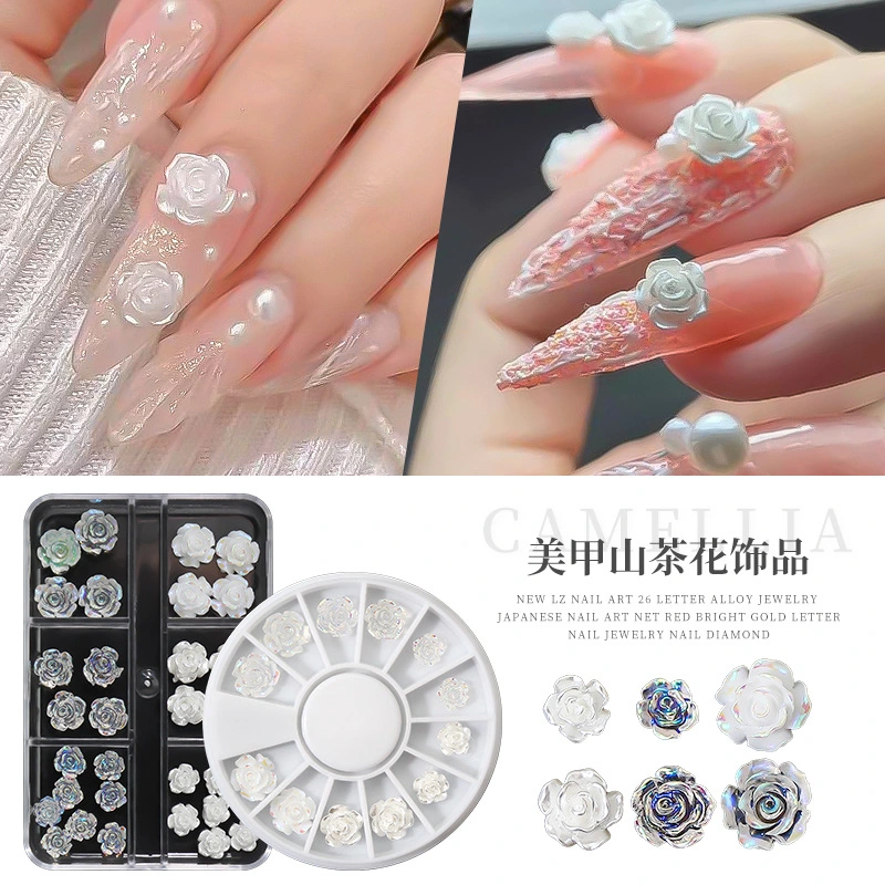 12 Grid White Jade Camellia Nail Art Set Decorations