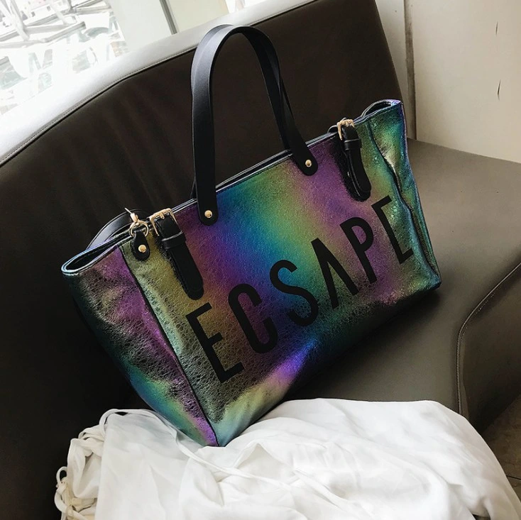 New Women's Metallic Laser PU Travel Bag Large-Capacity Letter Printing Slant Across Shoulder Tote Bag