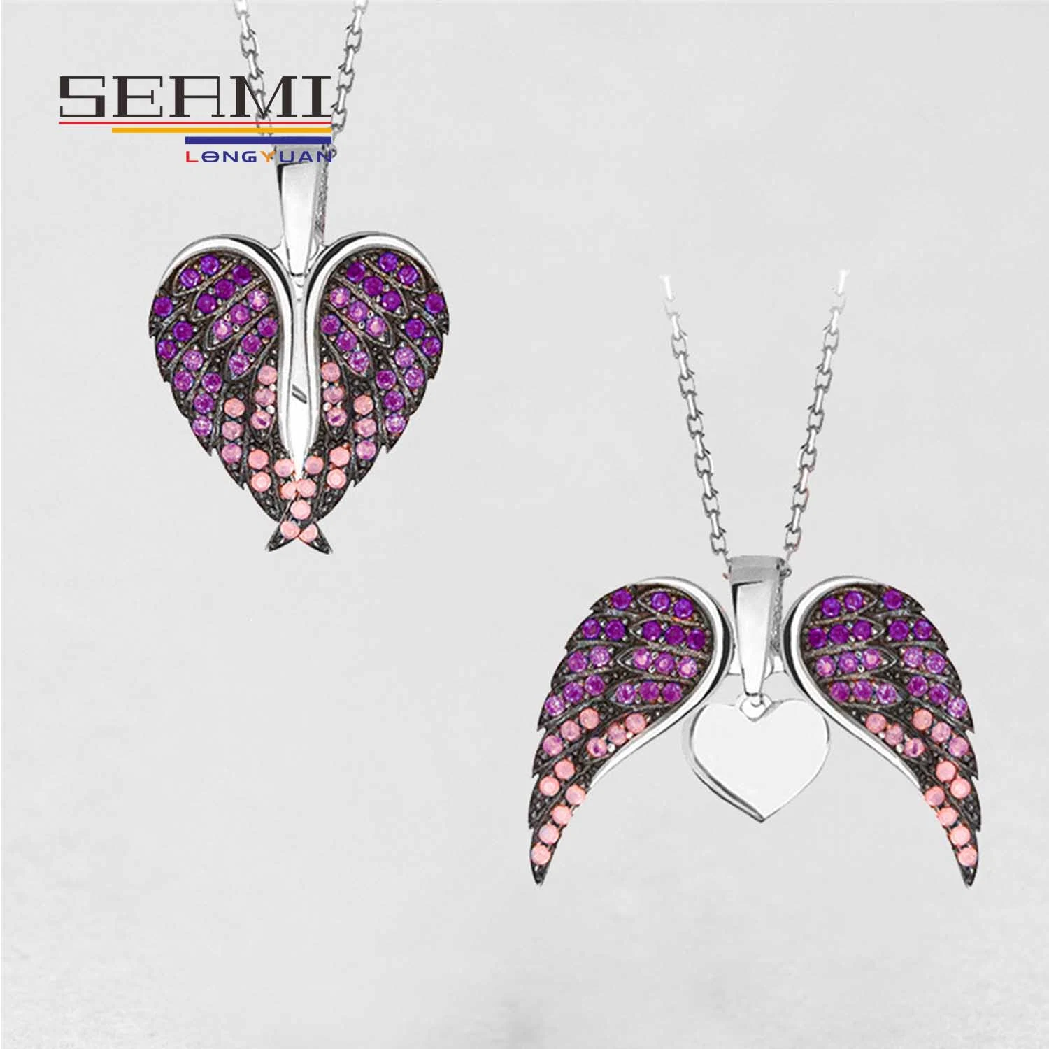 Multicolor Birthstone Female Angel Wing Heart Shaped Pendant Feather Necklace