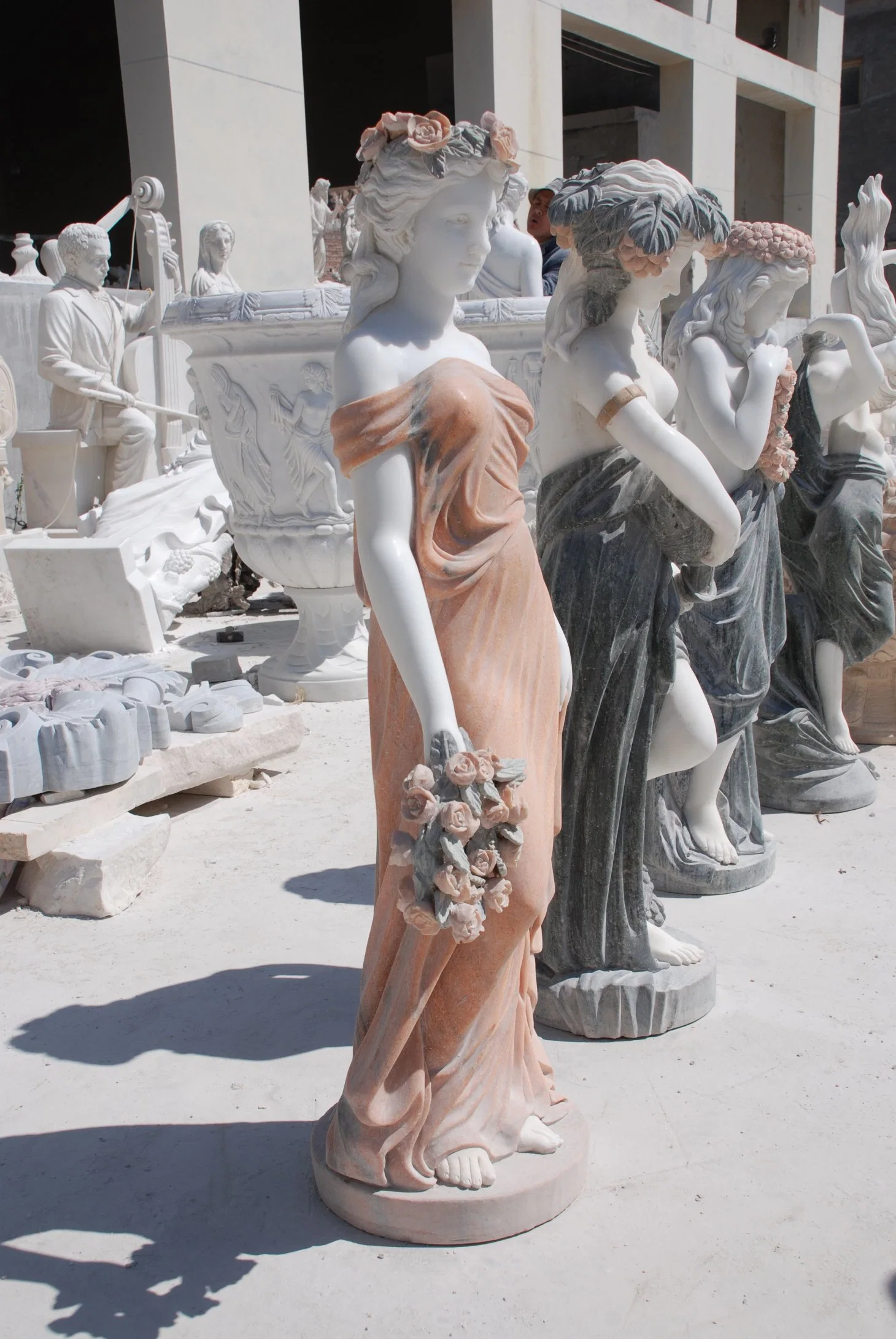 Marble Statue Natural Stone Hand Carved Marble Female Statue with Flowers Sculpture (SYMS-1116)