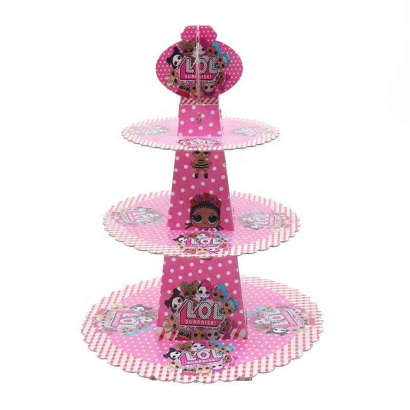 Cartoon Circular Folding Custom Board Paper Party Cake 3 Tier Paper Cake Stand