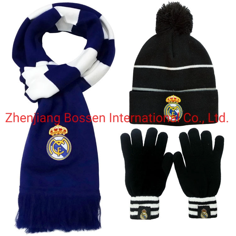 Logo brodé personnalisé OEM Les fans de football Gants tricotés avec manchettes Beanie Cap foulard défini