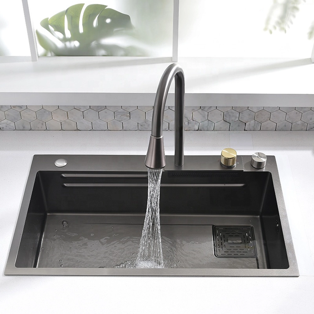 New Black Nanometer Handmade Raindance Sink Anti-Scratch Vegetable Kitchen Sink Above Mounted Waterfall Faucet