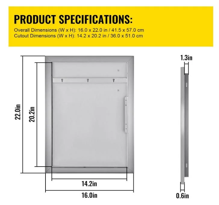 Right Hinged Single Access Door 16 X 22 Inch Vertical Island Door Stainless Steel Access Door Flush Mount for Outdoor Kitchen