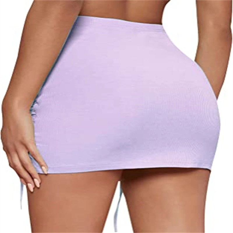 Women Casual Drawstring Ruched Split Hem Ribbed Mini Short Skirt