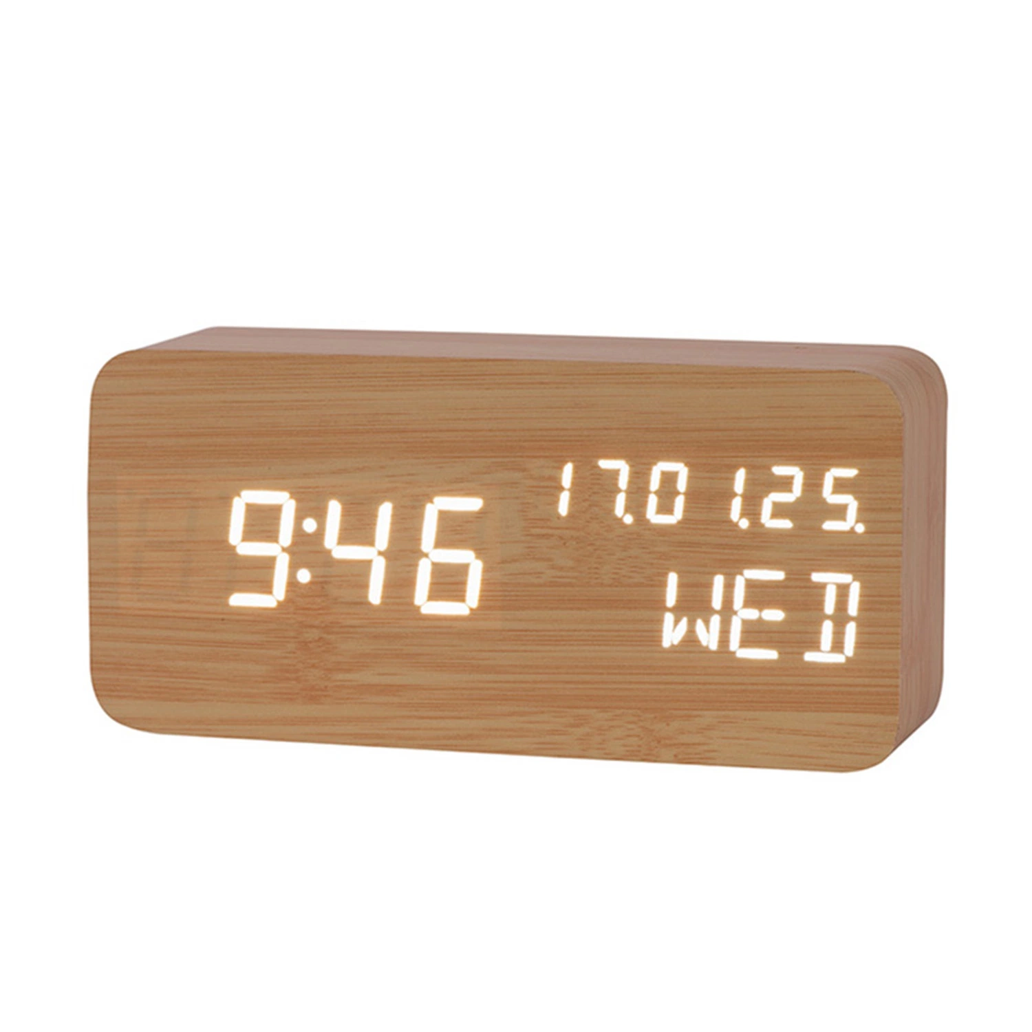 Desk Wood Calendar LED Alarm Clock التحكم في الصوت شاشة عرض درجة الحرارة