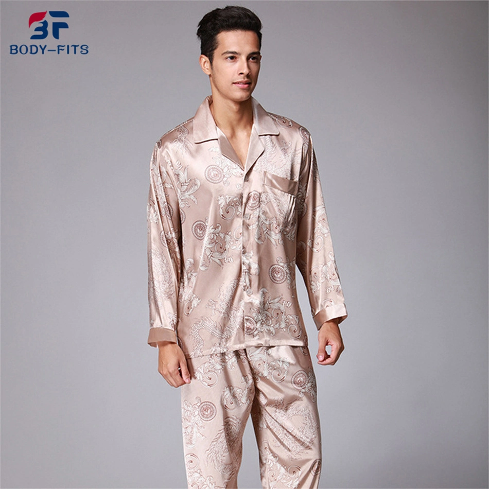 Custom Sleepwear Men&prime; S Print Button Down Long Sleeve Satin Silk Pajama Sets