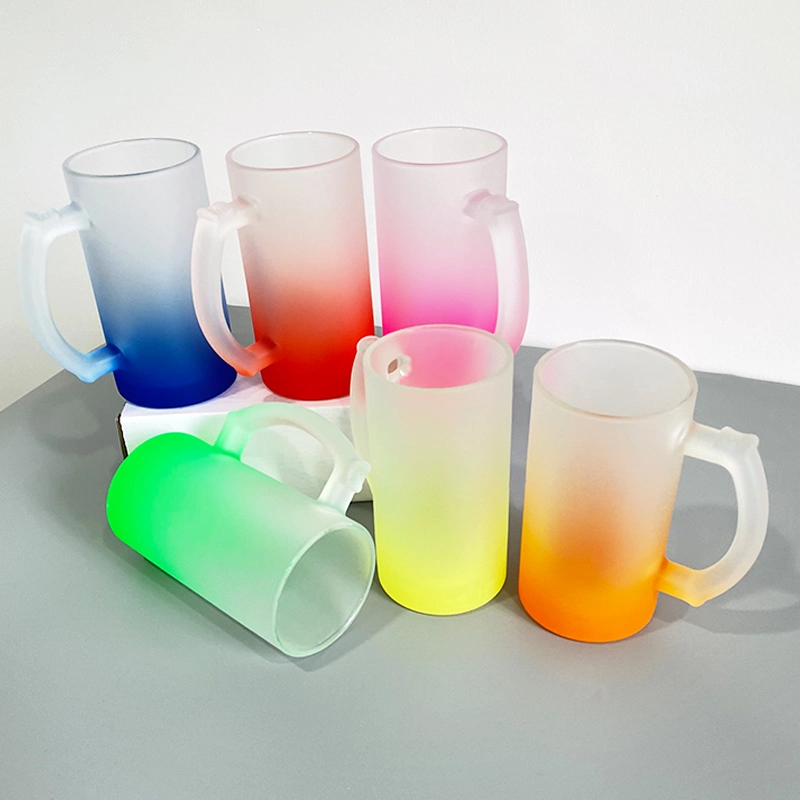 USA Warehouse 16oz Ombre Color Gradient Colorful Iridescent Glitter Rainbow Pint Blank Sublimation Frosted Beer Glass Mugs with Handle for Iced Coffee