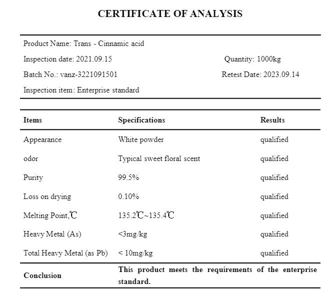 Trans-Cinnamic Acid (140-10-3) Cinnamic Acid Powder Factory Supply Trans-Cinnamic Acid CAS 140-10-3 Stock Now with Low Price