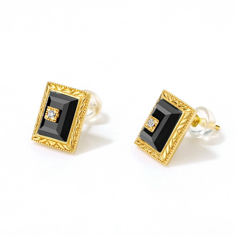 Square Natural Black Agate Ring Earring Necklace 925 Sterling Silver Jewelry Set