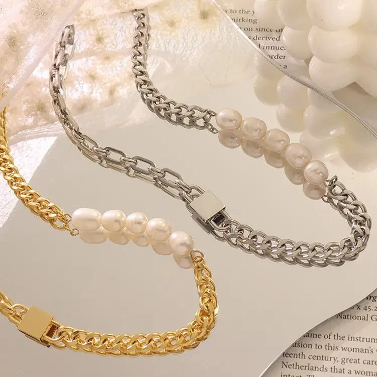 Thick Chain Lock Freshwater Pearl Collarbone Chain 18K Gold Plated Stainless Steel Necklace Jewelry