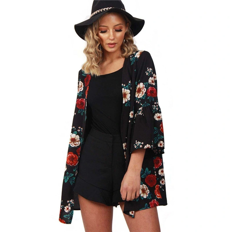 Customized Promotional Wholesale/Supplier New Design New Trend Printed Flower Bud Three Quarter Sleeve Coat Shirt for Women