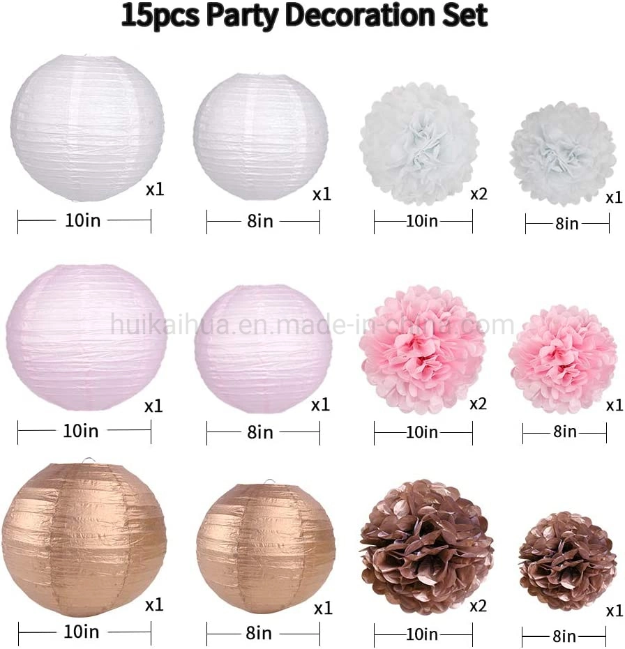 Design für Hochzeit Valentinstag Geburtstag Party Dekor Golden und Rosa hängende runde Papierlaterne und Pompom