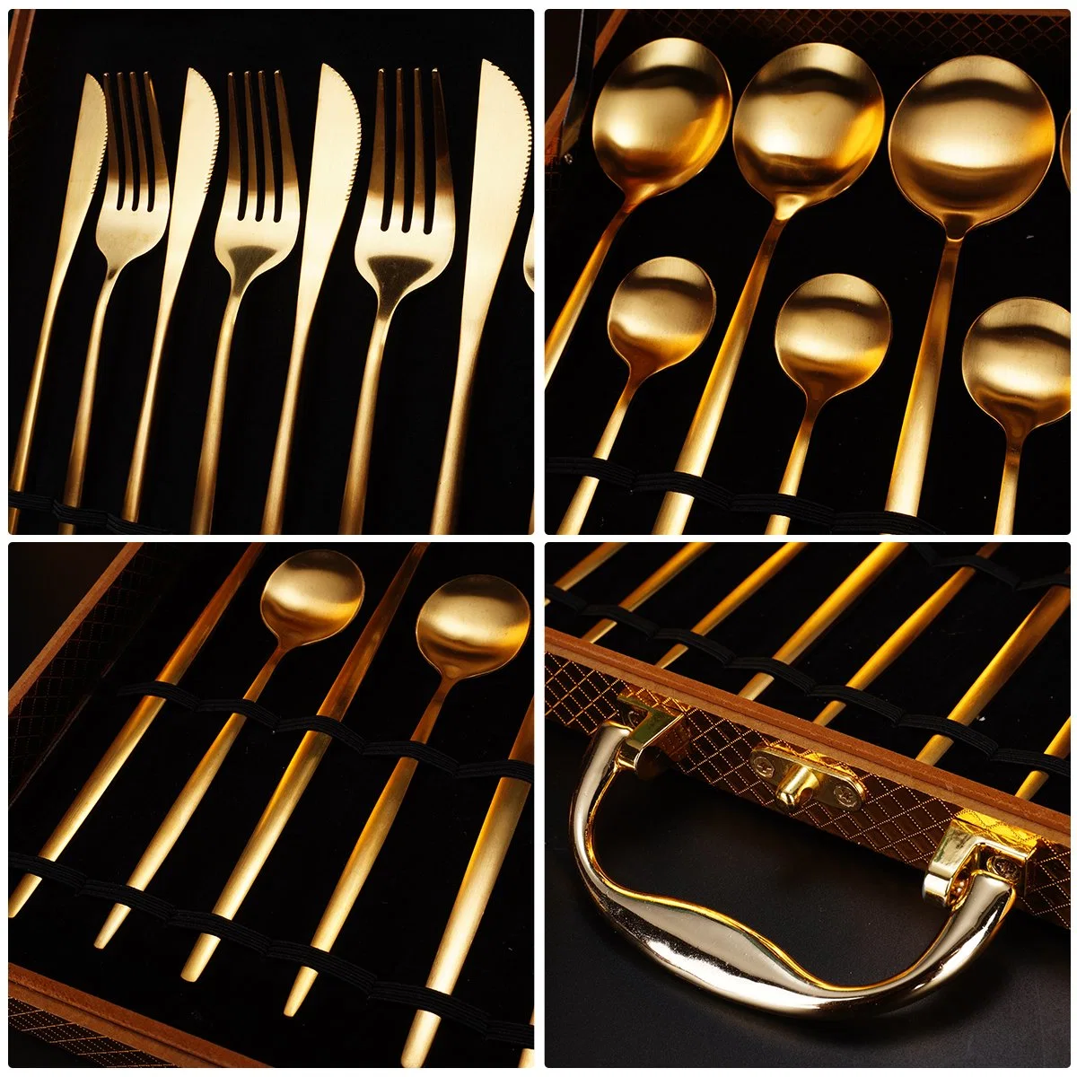 Wholesale/Supplier Luxury Restaurant Wedding Knife Spoon Fork Gift 24PCS Matte Gold Stainless Steel Cutlery Set with Wooden Box