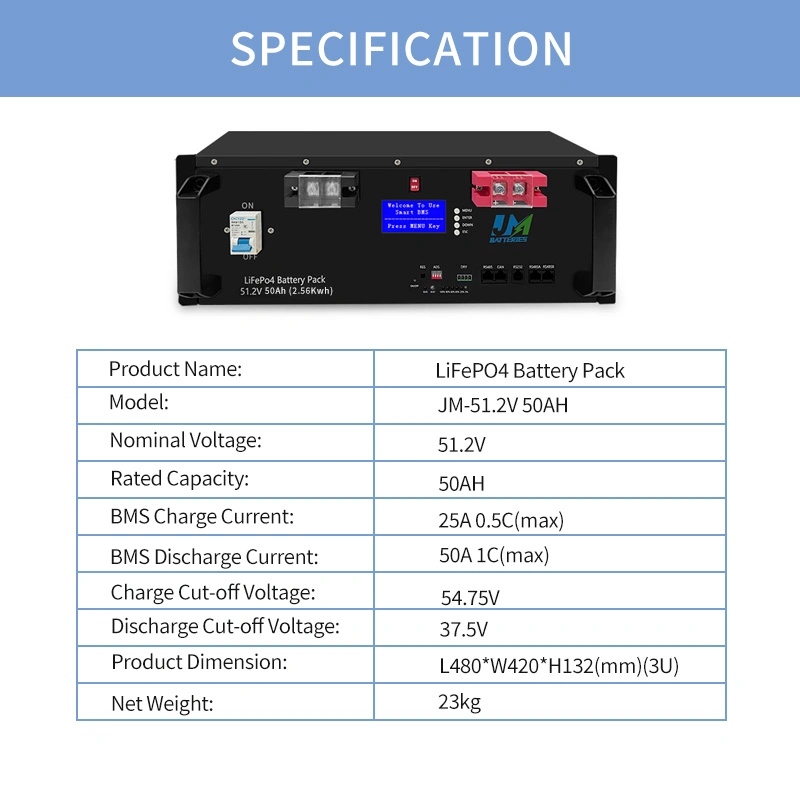 Rack Mounted 6000+ Cycle Times 51.2V Rechargeable LiFePO4 Lithium ion Solar Battery