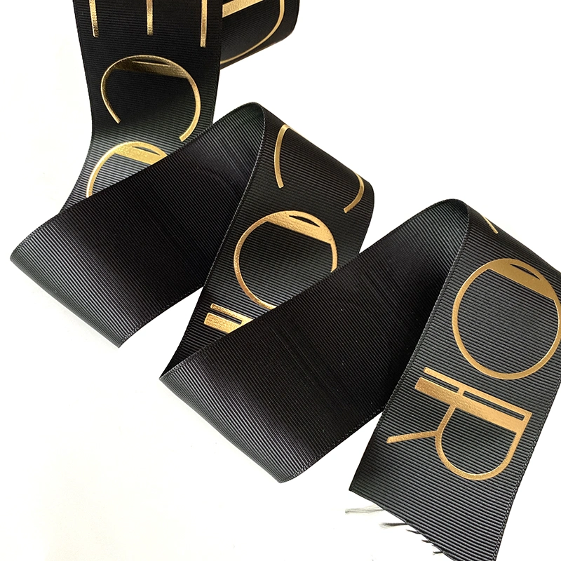 Custom 3 D Logo Gold Foil Hot Stamping Printed Satin Ribbon 3D Packaging Customized Printed Grosgrain Ribbons for Packing