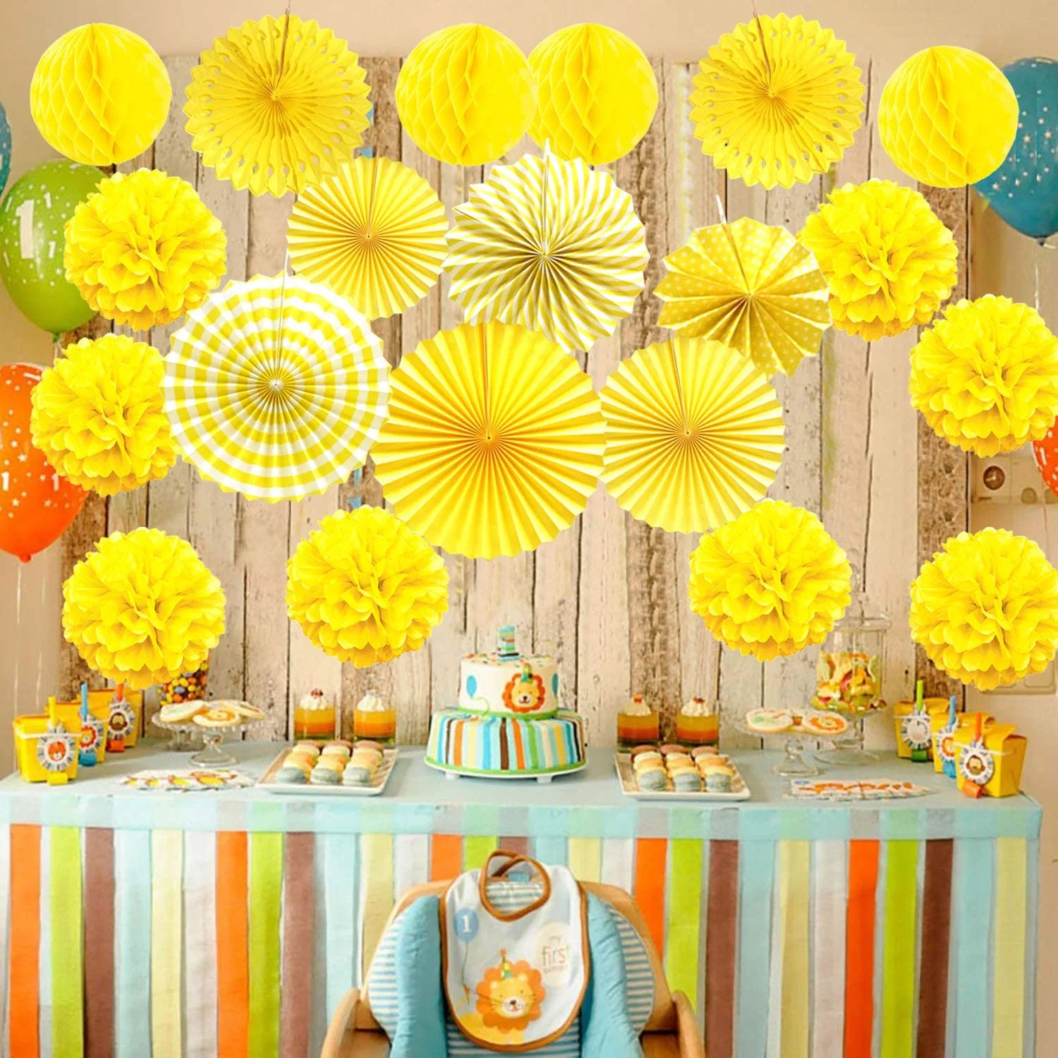 21 PCS Yellow Hanging Paper Fans POM Poms Flowers, Garlands String Polka DOT and Triangle Bunting Flags for Birthday Baby Shower Wedding Party Decorations
