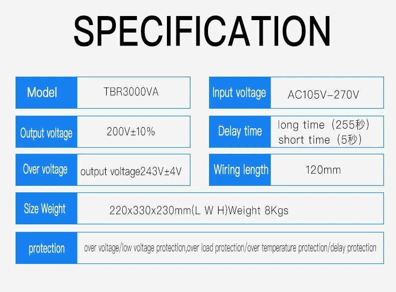 Relay Type or Motor Type AVR Voltage Stabilizer 3 kVA with Over-Voltage, Under-Voltage, Over-Current, Short-Circuit Protection for Home Appliance