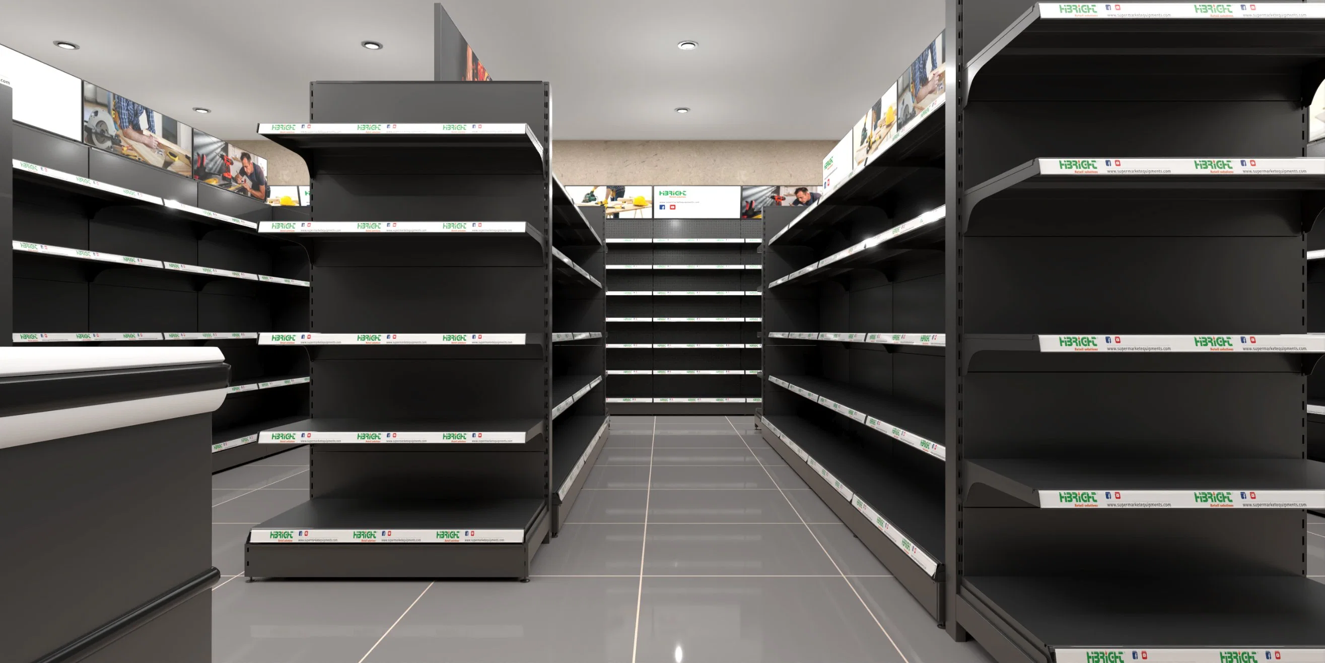Pared personalizada negra Equipo de exhibición de supermercado de almacenamiento de doble cara Estante de supermercado