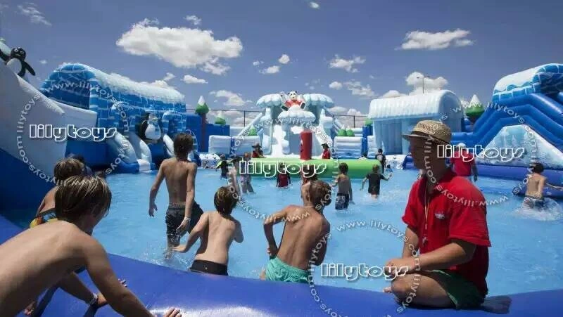 Utiliza el parque de atracciones comerciales piscina inflable con tobogán de agua para la venta