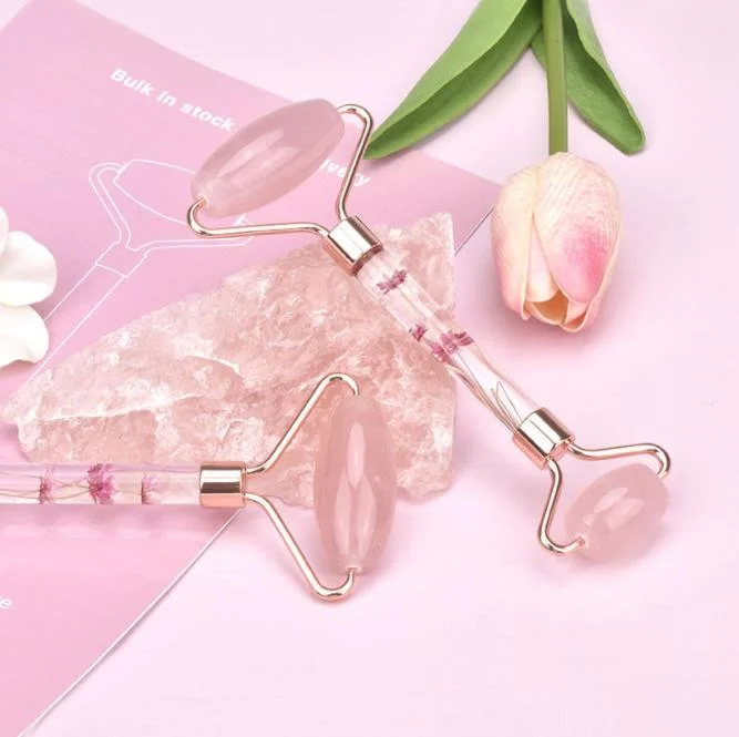Pink Crystal Jade Roller Beauty Products Flower Rod Set Textured Facial Massage Roller Face Jade Roller
