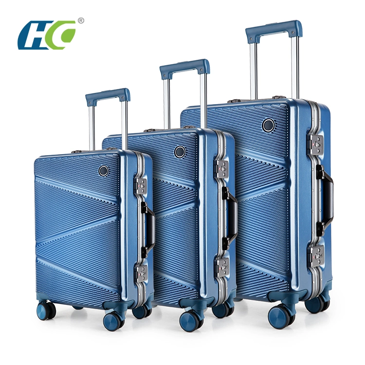 Blue Ray Striped Aluminum Frame Box Sliver Tsa Lock Luggage Trolley Sets Travel Bags Hand Hard Shell Luggage