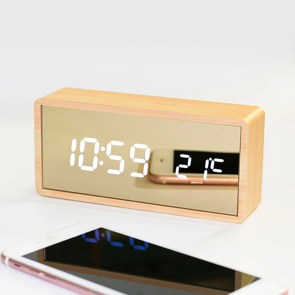 Modern Table Mirror LED Alarm Clock with Temperature Display Wood Effect Frame