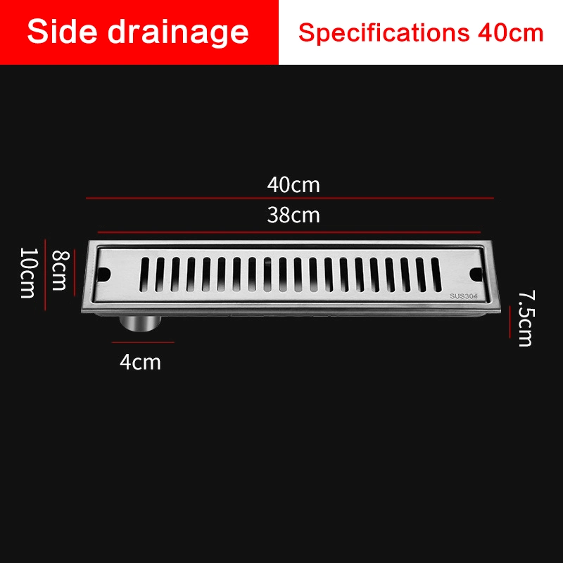 40*10cm SUS304 Stainless Steel Rectangular Floor Drain Thickening Project Hotel Shower Room Large Displacement Side Row Stripe Shape Odor Proof Floor Drain