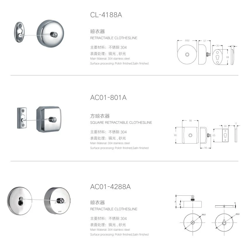 Bad-Accessoires Edelstahl Retractable Wäscheleine für Hotel Badezimmer