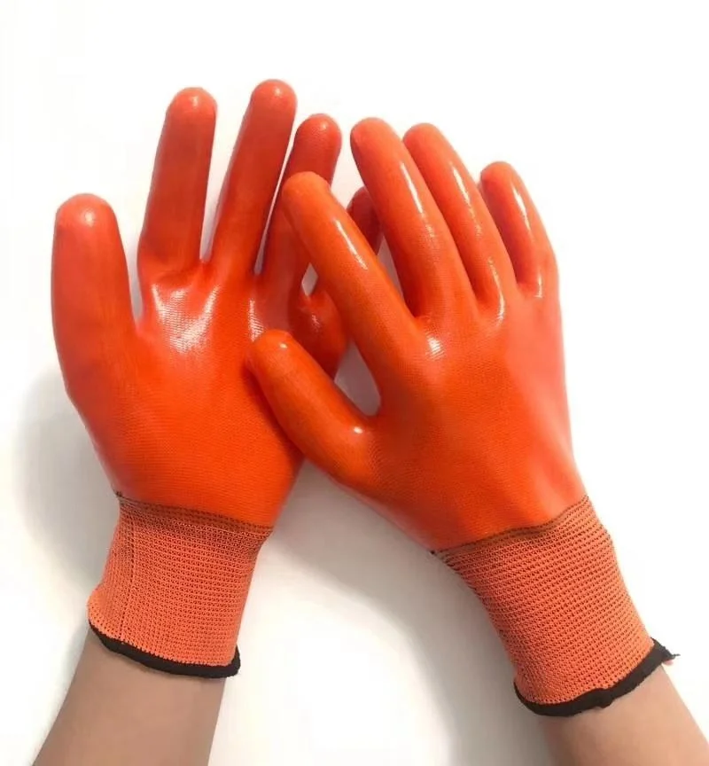 Breathable Orange Nylon Coated Full PVC Waterproof Protect Hands Construction Latex Gloves