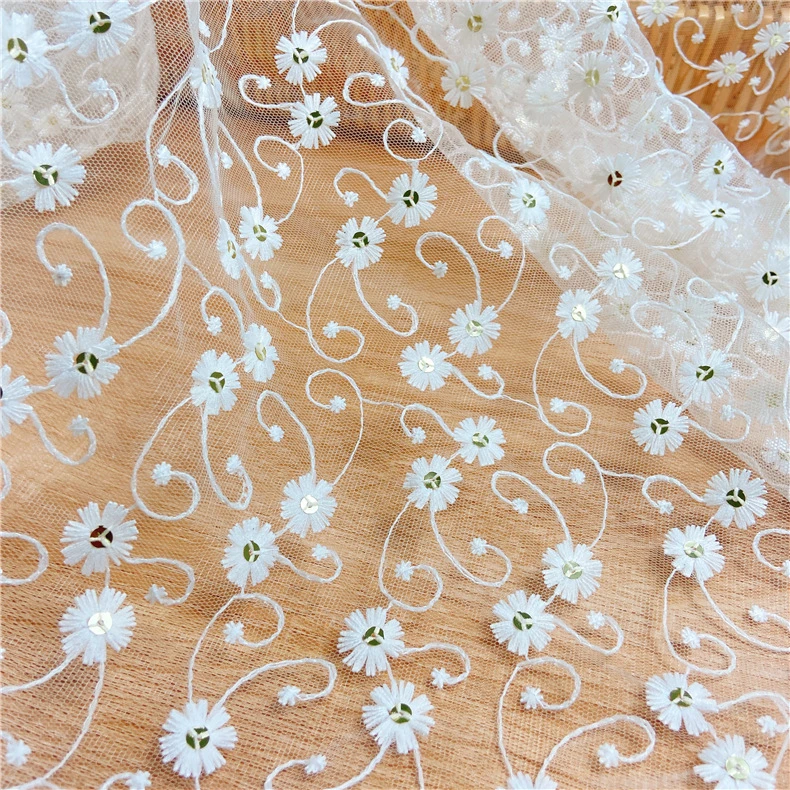 Embroidery Lace Milk Silk Sequins Mesh Lace Fabric Clothing Wedding Embroidery Fabrics