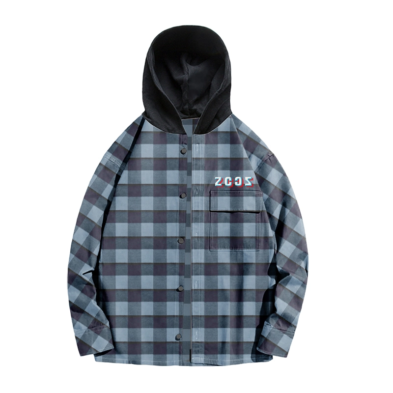 Custom Snap Silk Screen Print Logo Cotton Loose Fit Woven Hooded Flannel Shirt