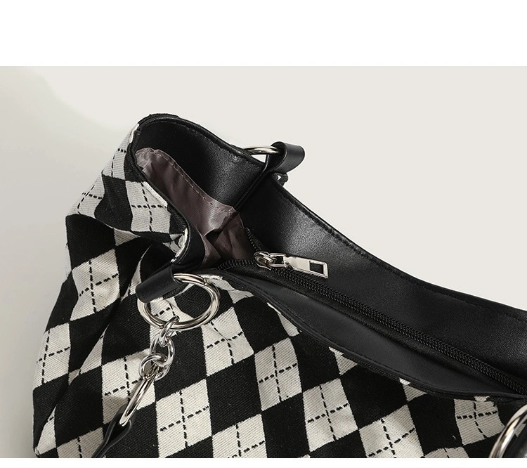 Classical Black White Geometric Pattern Women's Bag Large Shoulder Bag Soft Knit Checkered Tote Handbag with Half Chain PU Leather Handle