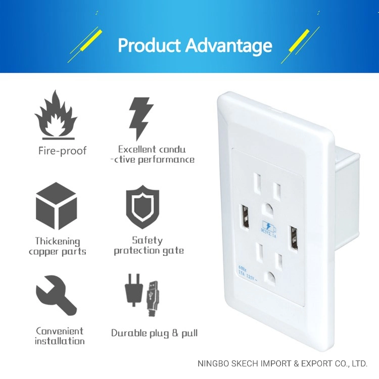 15A Wall Socket Dual USB Type-a Outlets Charger with Dustproof Power Socket