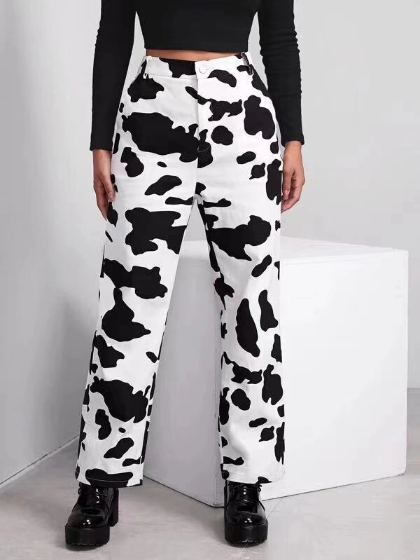 New Arrival High quality/High cost performance Fashion Cute Cow Printed Casual Straight Ladies Jean Pants